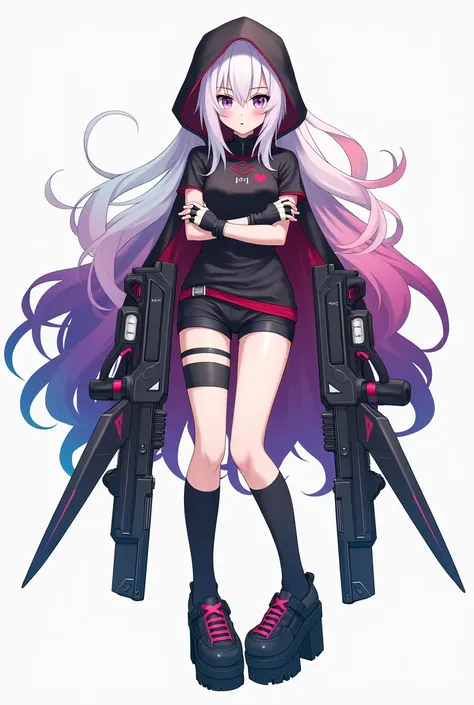   girl four-color hair white , celeste, purple and red long , pale skin,  three hearts on the cheeks ,  machine gun left eye light pink and right eye light purple,black shirt,  short shorts attached to her body , fingerless gloves up to the elbows ,black t...