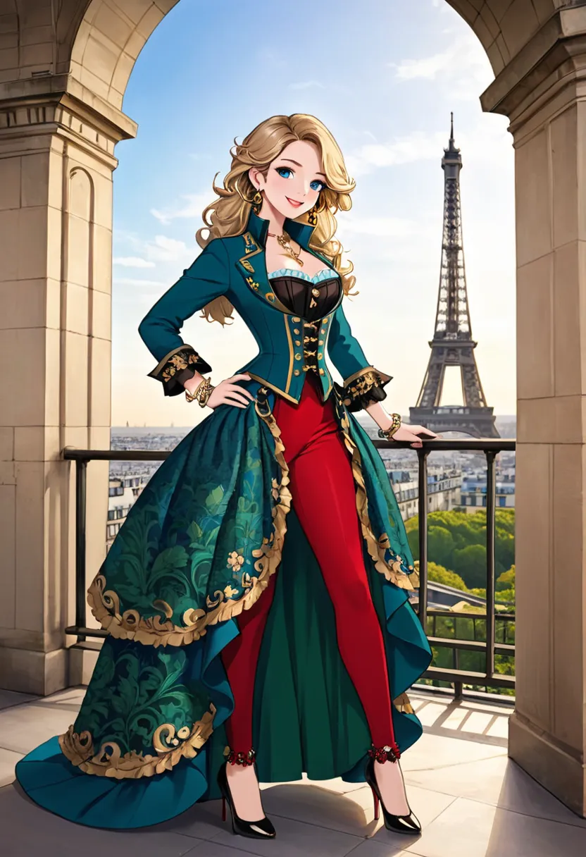 a beautiful woman in a long green peacoat, high heals. blue and red dress. her attire is a corset-style dress, intricately desig...