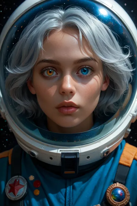 (Close-up of a better masterpiece:1.5)0.9], (Space and astronauts:1.2) (Messy silver hair:1.1) (Heterochromia xanthochromia and blue eyes:1.2) (Space Helmet:1.0) (Colored stars in the eyes:1.0) (A radiant glow:1.1) (thick lips:0.9)