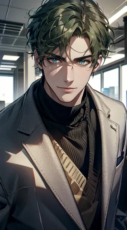 (best quality,4k,8k,highres,masterpiece:1.2),ultra-detailed,(realistic,photorealistic,photo-realistic:1.37),1 man,31 years old,mature man,very handsome,without expression,smile,short green hair,blue eyes,penetrating gaze,perfect face without errors,imposin...