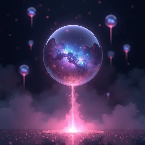  High resolution ,  masterpiece ,  The best quality,  lyrics,  improvement, Dark background, Flash from below , galaxies enclosed in scattered crystal spheres,  pink haze , Starry Background