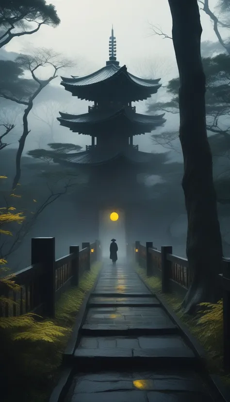 Ultra Realistic, close up shot、A yellow-eyed man 、 the surrounding woods are dense and heavily shaded 、 giving life to an eerie environment 。The person is、 dark, misty forest。 as if he were a member of a mysterious secret organization 、 。The person is近い、 t...