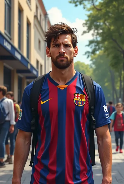 Messi with Barcelona shirt going to school 