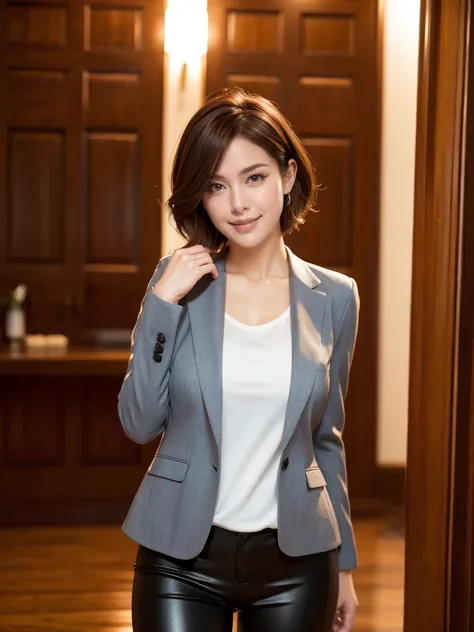  masterpiece ,Highest quality, (1. Mature Woman、38 years old), ((closure:0.5)), ((Cross arm)), glare,  Wool jacket ,Leather pants、  white shirt , Double eyelids, eyelash, Lip Gloss, ( Smile:1), ((closure your eyes:0.85)), (( watching the audience 、Whole bo...