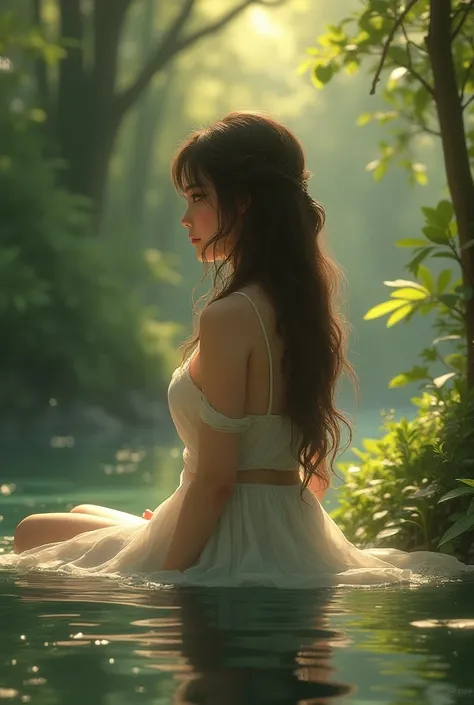 Lily who was a  with long hair gazing at a serene pond, its surface reflecting the sunlight and surrounded by lush greenery.
 