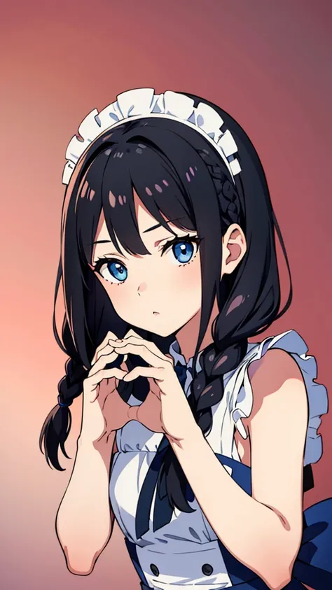 masterpiece, female, expressionless, making a heart with hands, looking at viewer, french braids, black hair, blue eyes, jitome, fair skin, short, slender, maid, 20-year-old, no background, cute, closeup shot