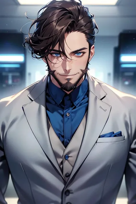 a handsome 35 year old man, 3 day beard, dark hair, sharp jawline, (mesmerizing blue eyes), perfectly styled hair, wearing cool anime outfitt, dynamic lighting, (CEO), (expression, smile in love), (best quality,4k,8k,highres,masterpiece:1.2),ultra-detailed...