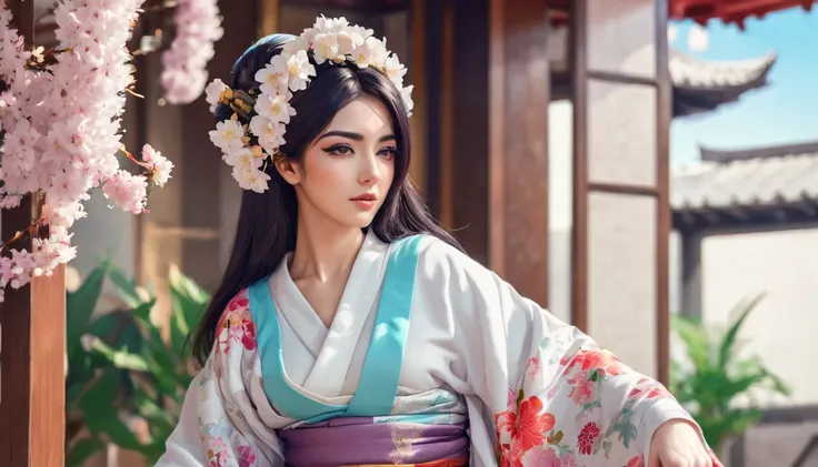 Arabian woman in kimono with flowers on her head,  Beautiful Digital Art work,  beautiful digital illustration ,  beautiful digital painting ,   balcony table and chair painting  ,  Liam Wong of style ,  photorealistic anime girl rendering , smooth anime c...