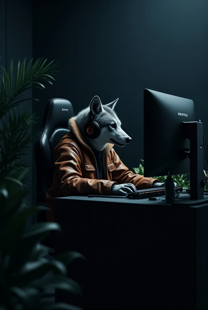  A wolf playing video games with headphones in a dark minimalist room, with ornamental plants ,  dressed in a brown leather jacket , in a gamer chair in front of a gamer computer