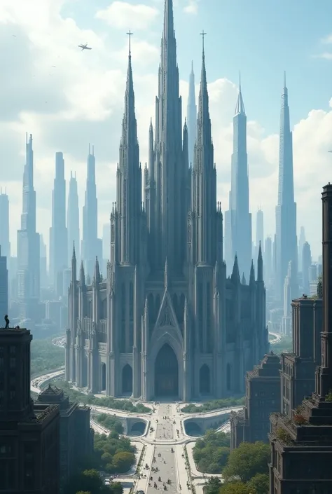 Create a city, cathedral-shaped ,  with gigantic, modern skyscrapers.