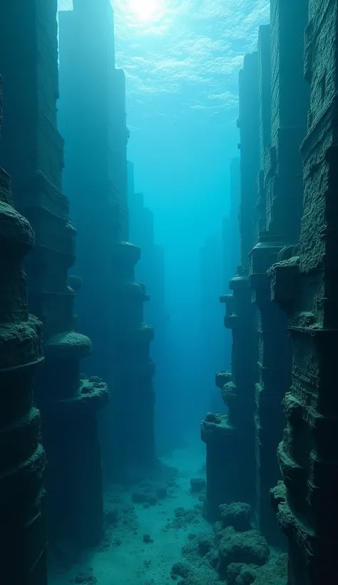 The setting is an underwater city, bathed in the deep blue hues of the ocean, with light streaming through the water from the surface above. The image is framed in a 9:16 aspect ratio, so it’s tall, emphasizing the grandeur and verticality of the structure...