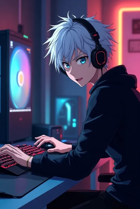 A man with gaming pc the name cg naitik  the man is anime character  the character from jujutsu kaisen gojo Cg naitik 