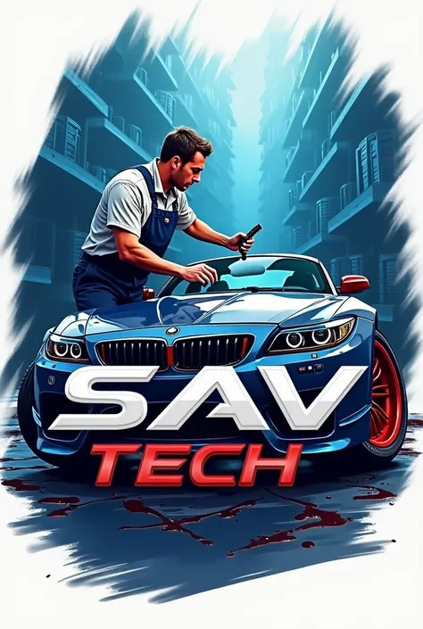  I want to create a logo where inside the word  "Sav Tech" Would be marked on the inside .  This logo will be a man painting a car .  And there will be several vehicle models around. 