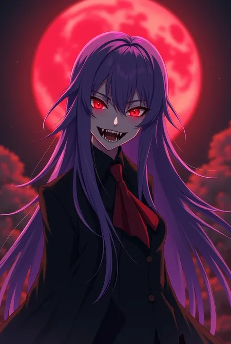 anime.
vampire,  long purple hair , red eyes, showing fangs. On a night with a red moon.