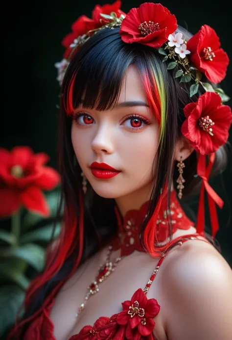 (masterpiece),(best quality:1.0), (ultra highres:1.0), detailed illustration, 8k, anime, 1girl, beautiful anime girl, wearing a red dress, flower crown, pretty face, detailed face, beautiful eyes, detailed eyes, dark red eyes, bright red lips, red lipstick...