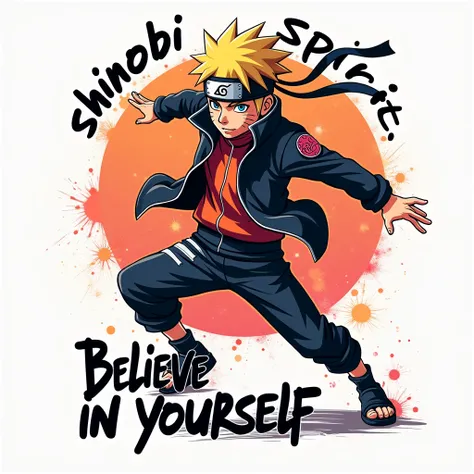 Urban-inspired vector illustration of Naruto, rendered in a dynamic street art style with bold lines and intricate details, set on a vibrant white background. Naruto is mid-action in his signature ninja pose, wearing modern streetwear elements mixed with t...