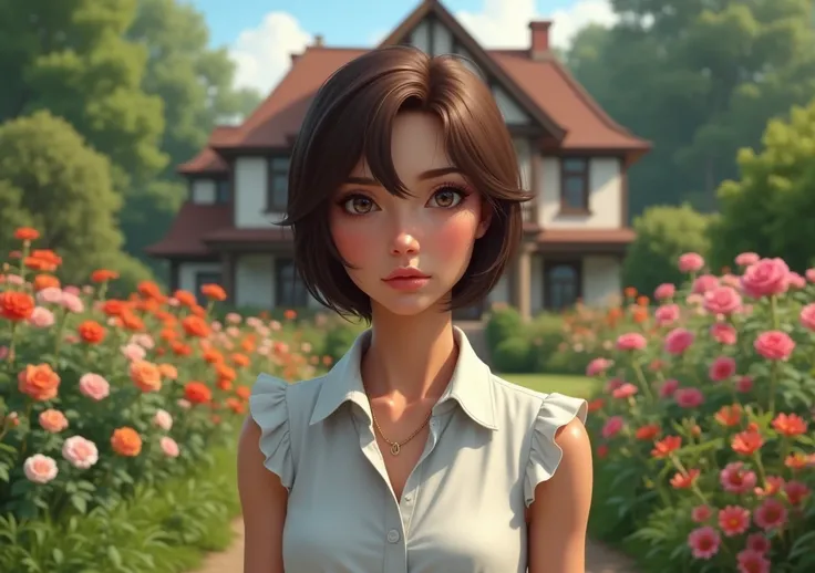 25-year-old woman with short brown hair serious face in a flowery garden of a house realistic image