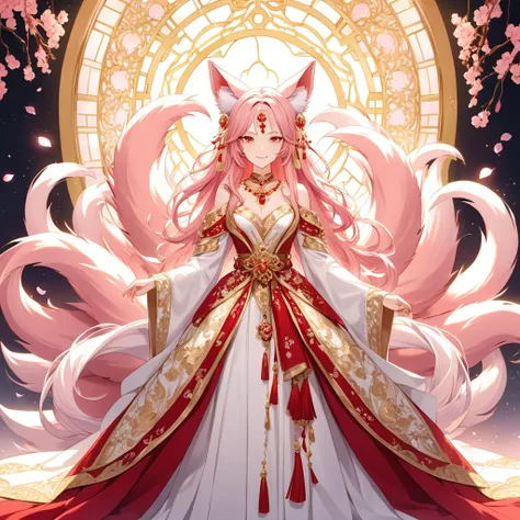 A legendary nine-tailed fox girl, full-body, anime-style illustration. She has long flowing pink hair, soft pink fox ears, and nine elegant tails. Her expression is gentle and mysterious, with a slight smile. She is dressed in a luxurious red and white tra...