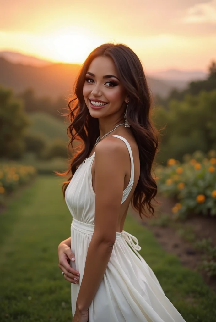 5 foot 6, Mexican American beautiful woman with medium size breast, big thighs, lean body, with a beautiful face and smile, wearing a beautifuon white dress, with a garden with hills and a sun reflecting her