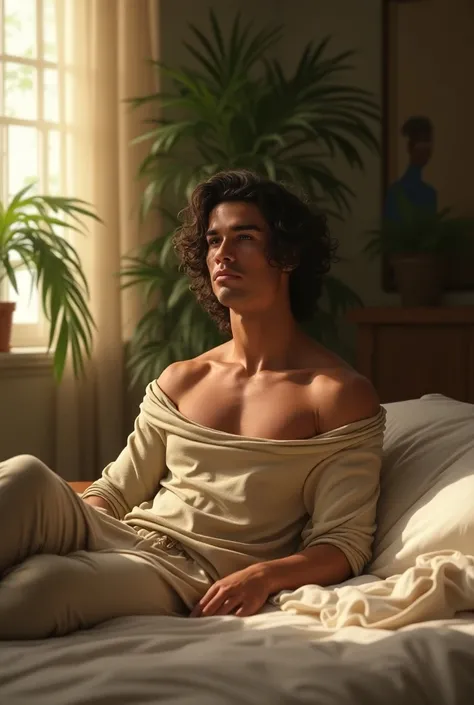 (photorealism:1.ronaldo 
sitting on bed, wearing loose off-shoulder top, pajama pants, long curly hair, indoors, soft lighting, plants in background, window with sunlight, cozy room, relaxed pose, realistic, intricate details, warm colors, by Greg Rutkowsk...