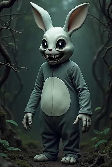  A humanoid being wearing a gray rabbit costume with a belly containing a white circle. The face has a skeletal rabbit ,  shaped mask with large white eyes and teeth that protrude and long out.  The being stands amidst dark vines 