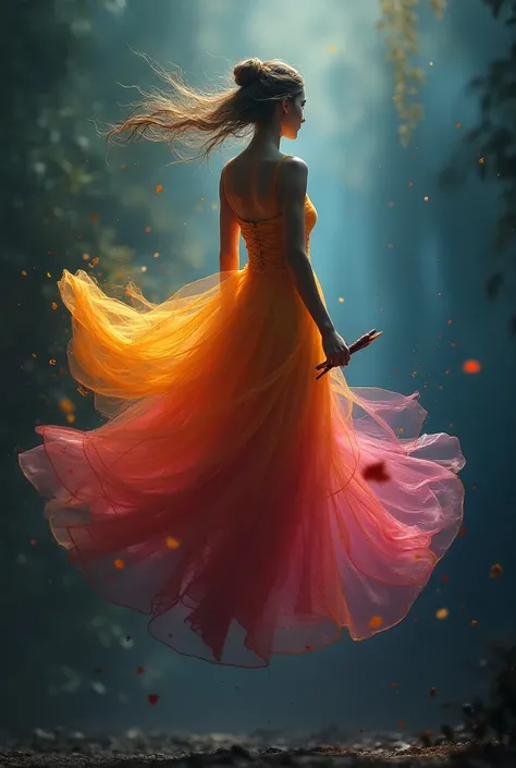 
A vibrant, ethereal girl, dressed in colors that are strikingly vivid. This girl appears to be leaving, floating slightly, as if her spirit is departing from her physical form. Her hair is tied in a loose bun, and in one hand she holds a brush, while in t...