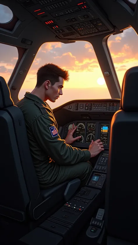 " Cockpit of a military aircraft with pilot reviewing controls, sunrise lighting ,  cold tones and intense shadows , Realistic and detailed style"