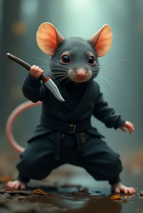 Draw a small rat ninja character.。The rat is holding a traditional Japanese ninja weapon in one hand.『Shuriken』We handle 。 Shurikenは点対称の星形の鋭い金属製で、The rat has a small hole in the center.The rat is wearing a black ninja outfit.、The background should have a s...