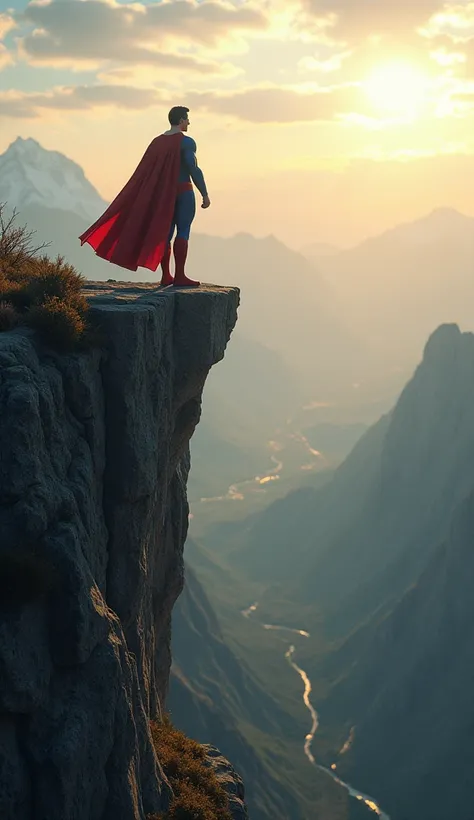 superman standing on the edge of a cliff looking down into a valley at dawn