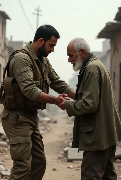 A Iranian  soldier with  brown clothe helping a old person 
