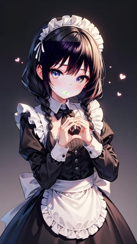 masterpiece, female, expressionless, making a heart with hands, looking at viewer, french braids, black hair, blue eyes, jitome, fair skin, short, slender, maid, 20-year-old, no background, cute, closeup shot