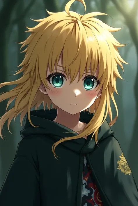 tsu no taizai, anime/manga, a child with long blond hair, has slightly messy and spiky hair, a pretty face, an androgynous appearance, eyes with heterochromia, one blue eye and the other green, has a frightening and intimidating aura.