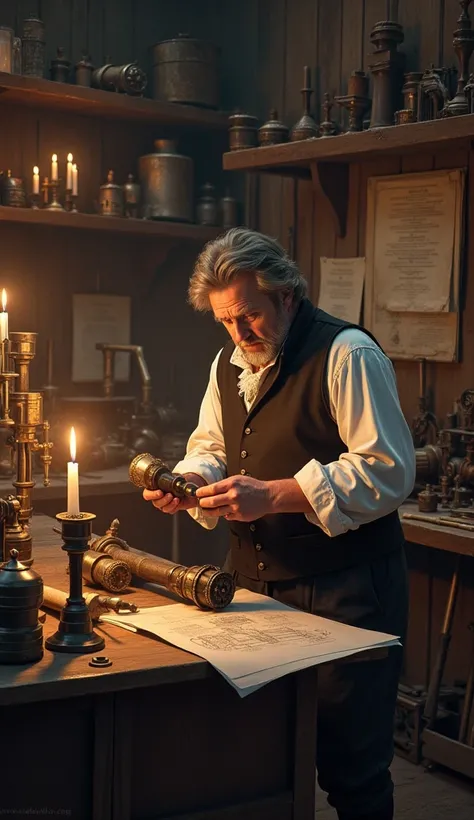 Thomas Newcomen working in his 18th-century workshop, surrounded by tools and iron parts. He is seen examining a part of the steam engine he is developing, with blueprints and sketches around him. The setting has low candlelight, casting a warm, industriou...