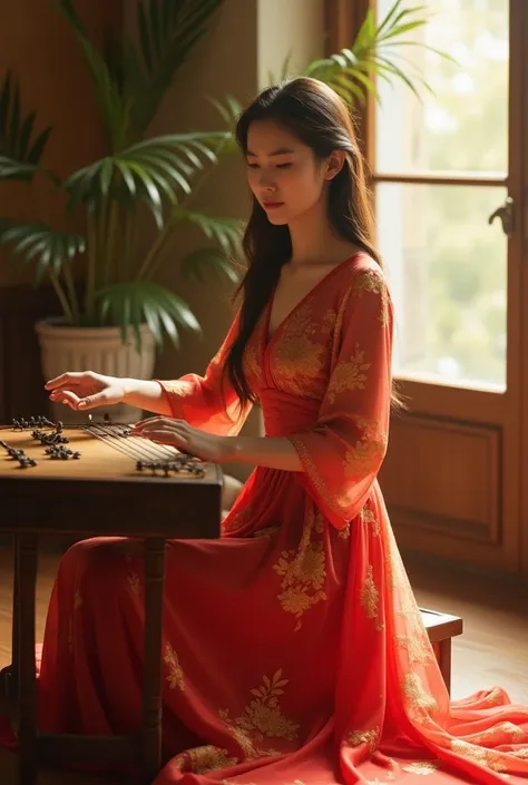 Full-length portrait of a 25-year-old Thai woman with long straight light brown hair, slender fingers. She is wearing a beautiful modern red and gold-white Chinese dress, sitting on a chair on the stage and playing an ancient Chinese zither in the living r...