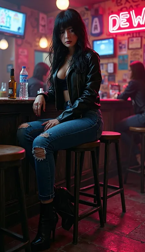 Create an image of a woman with long black hair in an edgy, alternative style. She is dressed in sensual, alternative clothing, such as a leather jacket over a fitted crop top, with ripped jeans and high-heeled boots. She sits confidently at a dimly lit ba...