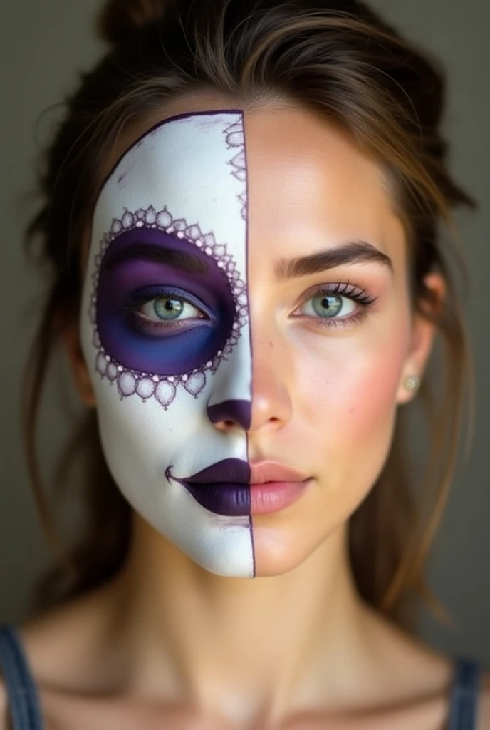 Create a song cover with a makeup mask on the left side of the mask and natural beauty without makeup on the right side.