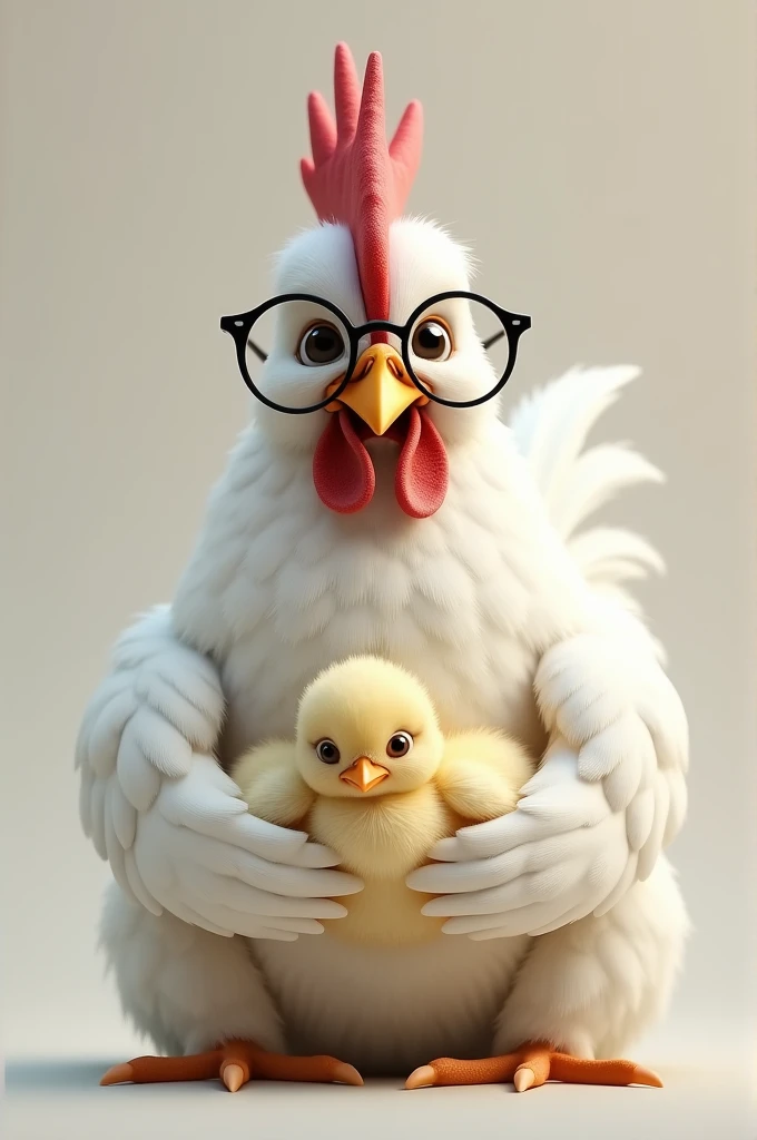 A white-cut poultry rooster wearing round teacher style glasses holding a baby chick 