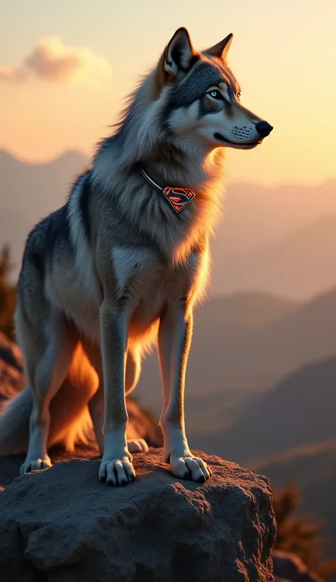 A majestic wolf standing proudly on a cliff at sunrise, with soft, silver-gray fur and deep blue eyes that exude wisdom and strength. The wolf’s powerful physique reflects its role as a protector, with muscles subtly visible under its sleek fur. A small Su...