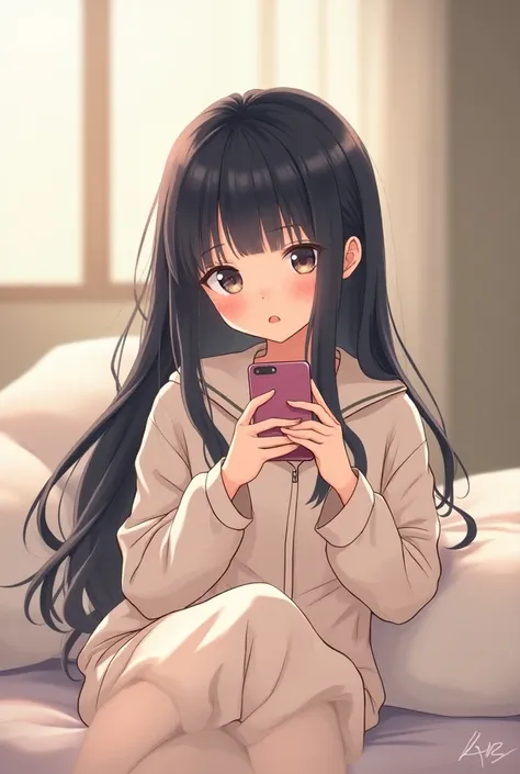 Pretty blacked hair girl wearing pajamas and using phone anime picture