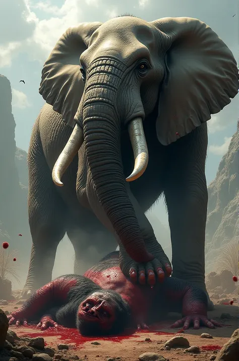  Create a scene in which the gorilla was defeated by an elephant .  The gorilla has to be on the dead and with blood marks the elephant has to have its foot on the lions head.  The elephant must look monstrous and macabre , with its arms all bitten  