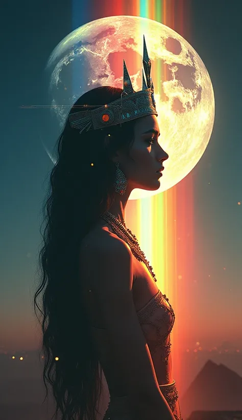 dreamy, magical, and surreal elements:  
Create a captivating image featuring a mysterious female silhouette inspired by Cleopatra, the queen of Egypt. Envelop her in a radiant light ray that cascades through a pyramid prism, refracting vibrant rainbow col...