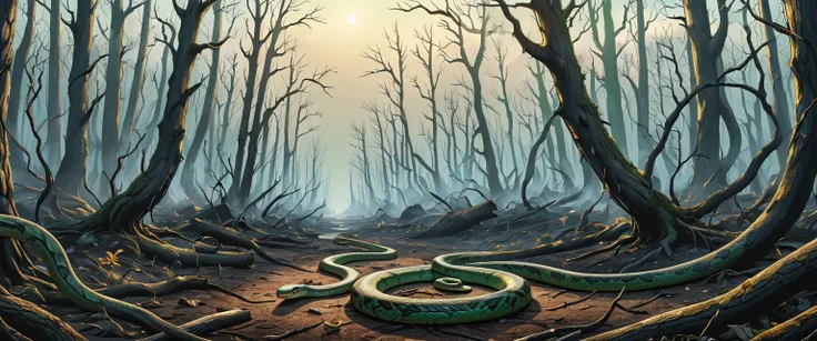  in dead forest, forest after a fire, dead trees, no leaves,
green snake in a dead forest during the day, green eyes, a snake ready to attack, graphic style of novel comics, perfect hands, 2d, 8k, hyperrealism, masterpiece, high resolution, best quality, u...