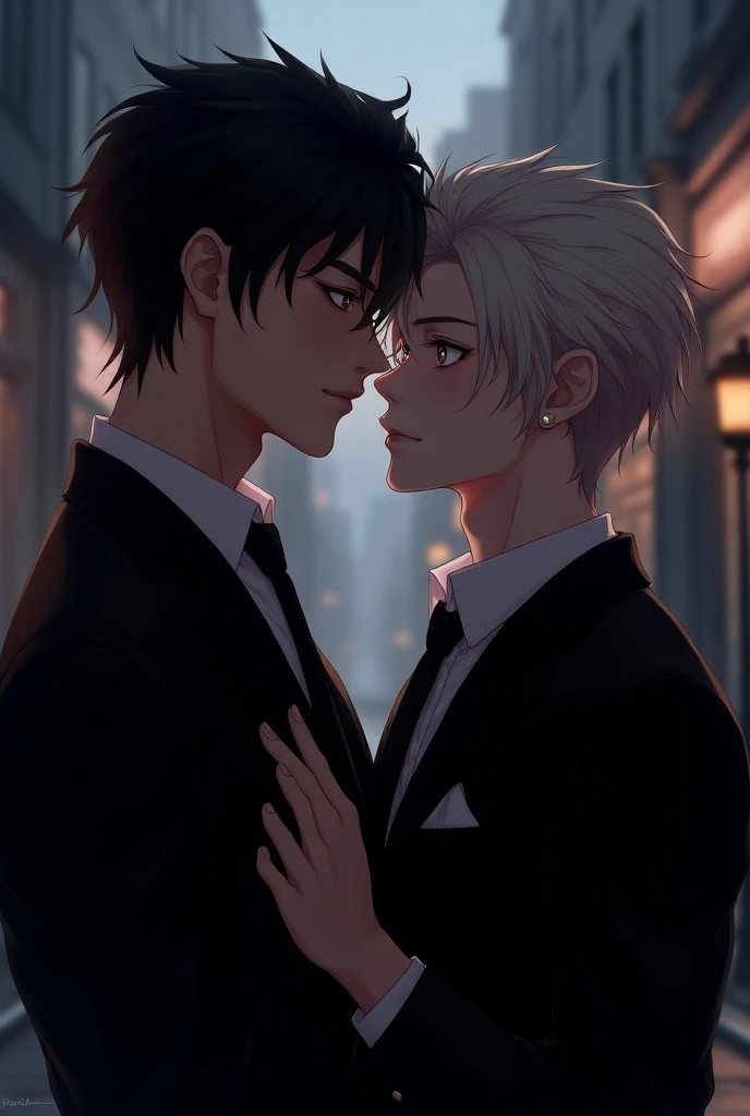 masterpiece, of high quality, 2Others,  male couple , 1 man and 1,, Adults,  hairy Height difference , different fashion,  colors, fine eyes and detailed face,  Intricate Details,  Black Butler Fashion , Modern urban streets, a smile, happiness, ternotra, ...