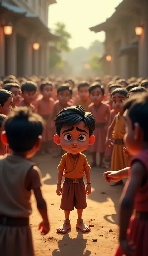 In 3 d cartoon animation "Accusation Scene

A group of villagers stands around Ramesh, accusing him of stealing a valuable ring. The boy looks calm but sad, standing straight with an innocent expression. The villagers around him appear doubtful, pointing f...