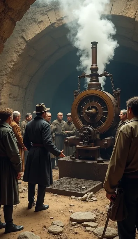 The moment when Thomas Newcomen demonstrates his steam engine for the first time. A group of miners and engineers gather around as the machine pumps water from a mine shaft. Newcomen stands proudly next to the machine, explaining its operation. Steam rises...