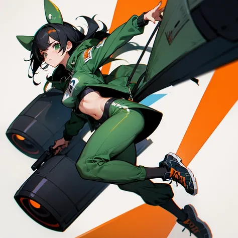  a girl,  jet-black hair and messy , Heterochromia eyes ,  athletic body ,  medium breasts, piel Blanca.  Wild adventurous style clothing combine with Mario Party video game style, dark green aviator jacket , orange pants,  black sneakers with orange lines...