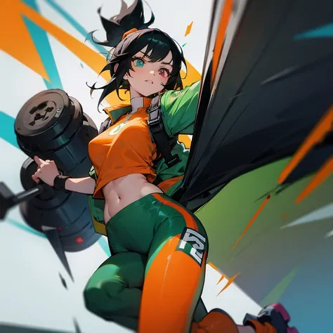  a girl,  jet-black hair and messy , Heterochromia eyes ,  athletic body ,  medium breasts, piel Blanca.  Wild adventurous style clothing combine with Mario Party video game style, dark green aviator jacket , orange pants,  black sneakers with orange lines...