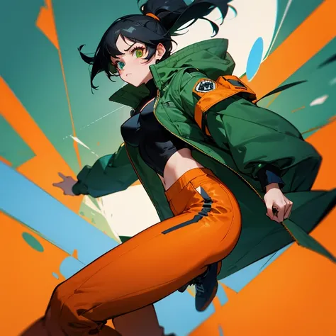  a girl,  jet-black hair and messy , Heterochromia eyes ,  athletic body ,  medium breasts, piel Blanca.  Wild adventurous style clothing combine with Mario Party video game style, dark green aviator jacket , orange pants,  black sneakers with orange lines...