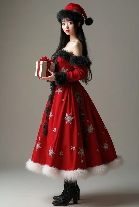 A asian woman black long straight hair,wearing a Red and black Santa Claus dress outfit,balck and white santa claus hat, black and white boots with feathers, holding a box of gifts 