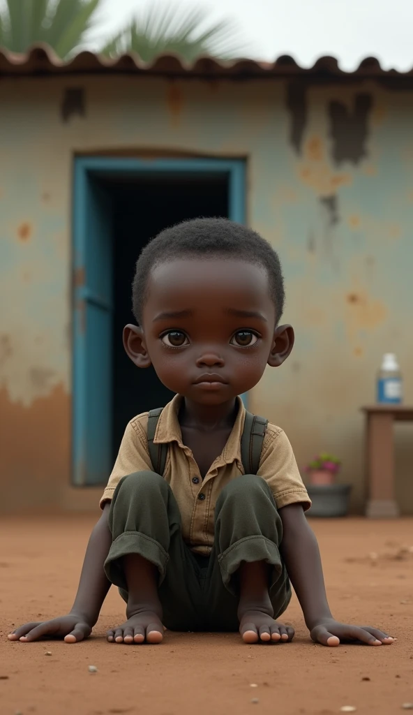 A , South African boy, poor, black skin, sits in front of a building, with a sad expression